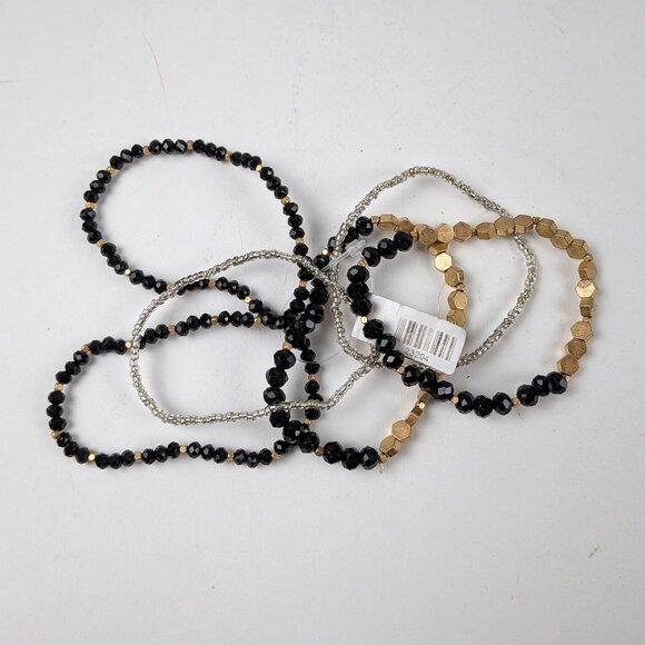 Set of 6 Black/Gold/Silver Beaded Stretch Bracelets - Picture 4 of 4